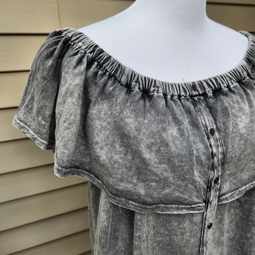 bluheaven Gray Acid Wash Knit Dress Off-Shoulder Faux Button-Up Ruffle Pockets